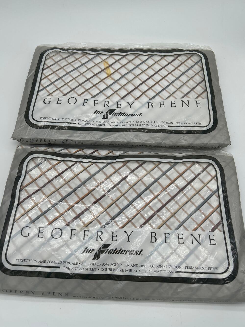 Lot of 2 Geoffrey Beene Fieldcrest Double Fitted Sheets NOS Vintage Percale